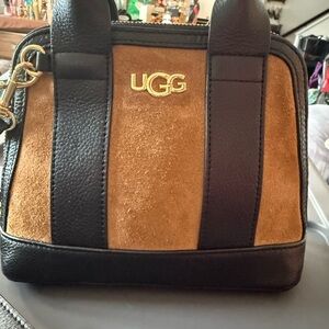 UGG Leather & Suede Satchel Crossbody Bag – Camel/Black with Gold Hardware